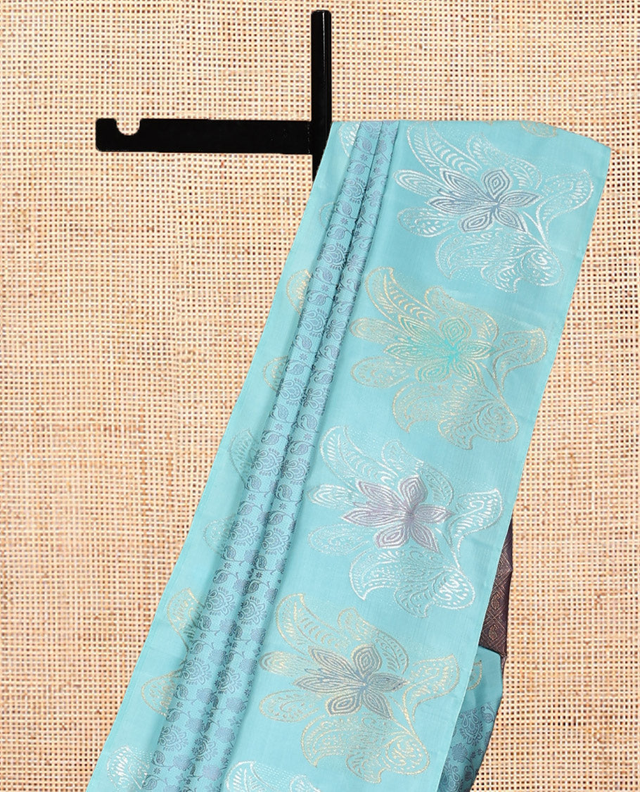 Blue Floral-Paisley Design Kanchipuram Silk Saree, a Floral Border, Contrast Jaal Pallu, Contrast Blouse