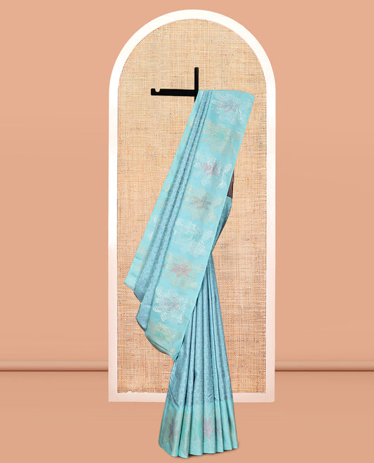 Blue Floral-Paisley Design Kanchipuram Silk Saree, a Floral Border, Contrast Jaal Pallu, Contrast Blouse