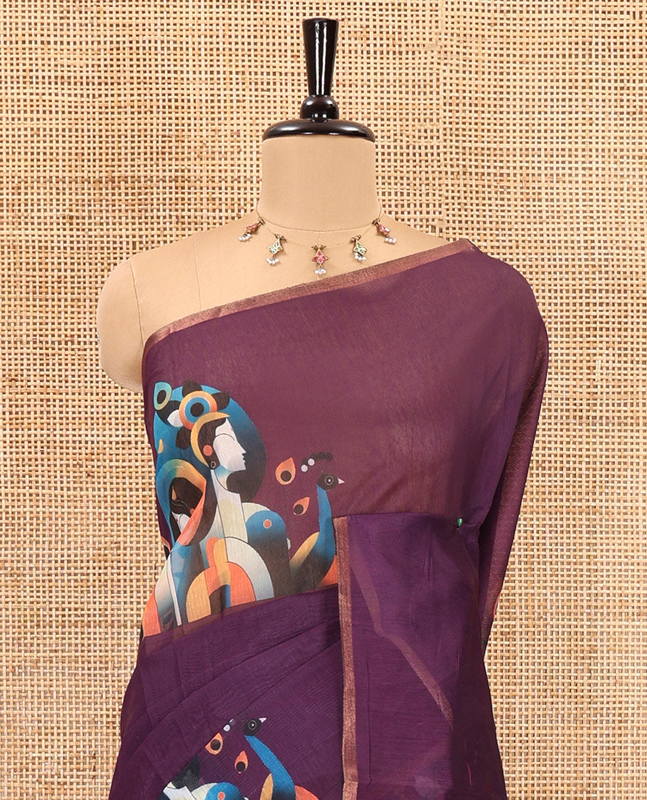 Borderless purple modern art style Radha Krishna motifs printed chanderi cotton saree, big Radha Krishna motifs printed pallu and a contrast printed blouse