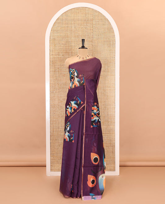 Borderless purple modern art style Radha Krishna motifs printed chanderi cotton saree, big Radha Krishna motifs printed pallu and a contrast printed blouse