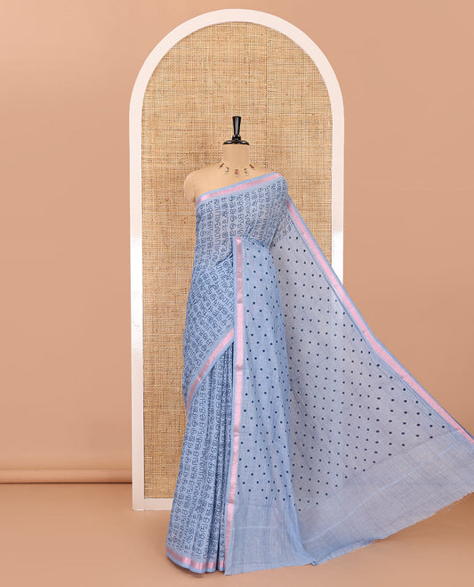 Grey tamil letters printed soft cotton saree, zari piping border, small polka dotted pallu, and blouse of abstract and polka dots print