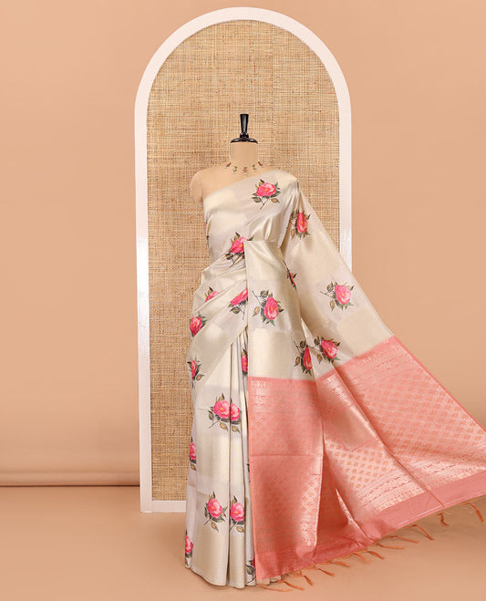 Borderless peach geometric checks, and floral motifs fancy tussar saree, contrast traditional zari woven pallu, and a contrast zari design blouse