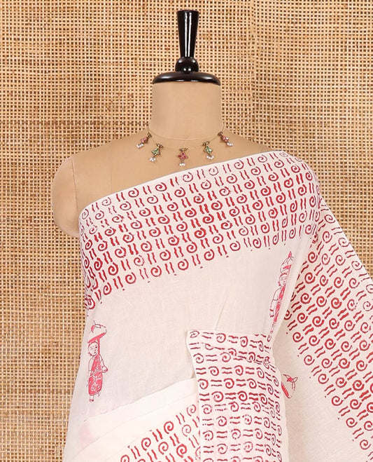 Cream Chandrakala Kalamkari block printed mul cotton saree, unique motifs hand block printed border, printed pallu, and a matching blouse