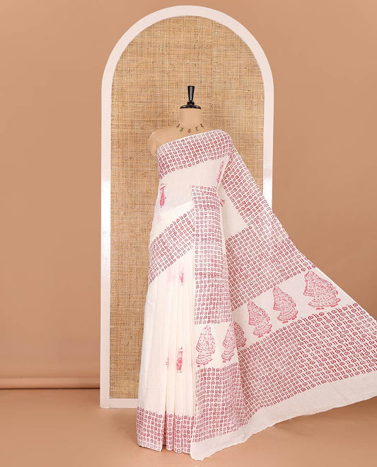 Cream Chandrakala Kalamkari block printed mul cotton saree, unique motifs hand block printed border, printed pallu, and a matching blouse