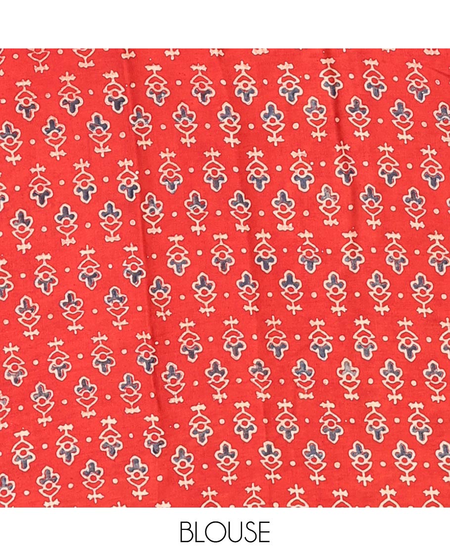 Borderless red geometric design modal saree with geometric design pallu