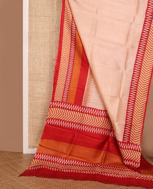 Sandal plain printed silk saree, contrast big printed border & pallu features temple & chevron motifs