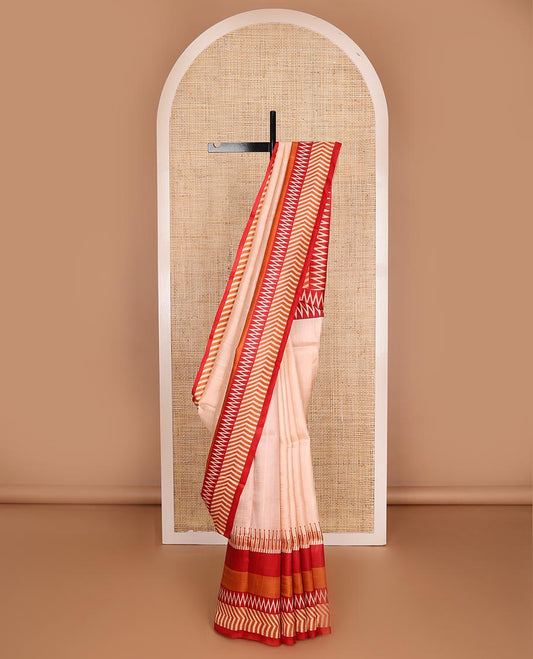 Sandal plain printed silk saree, contrast big printed border & pallu features temple & chevron motifs