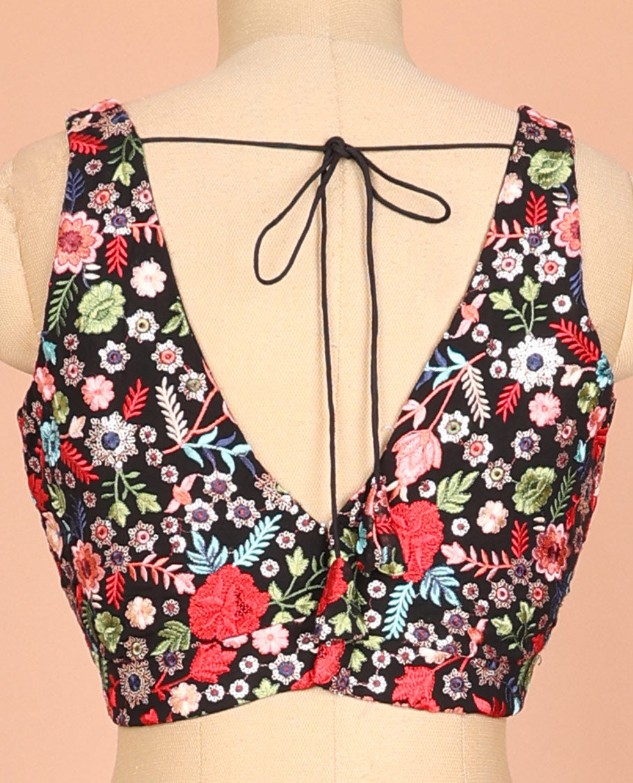 Black floral motifs kaleidoscopic-color thread embroidered front and back leaf-neck sleeveless readymade blouse