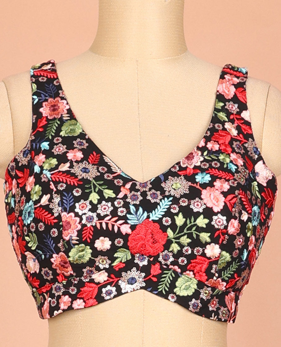 Black floral motifs kaleidoscopic-color thread embroidered front and back leaf-neck sleeveless readymade blouse