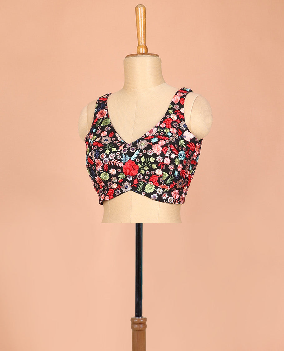 Black floral motifs kaleidoscopic-color thread embroidered front and back leaf-neck sleeveless readymade blouse
