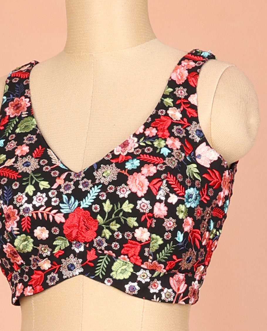 Black floral motifs kaleidoscopic-color thread embroidered front and back leaf-neck sleeveless readymade blouse