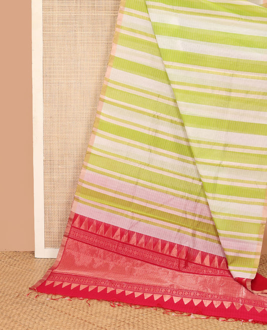 Green striped silk cotton saree, zari piping border, and contrast zari design pallu