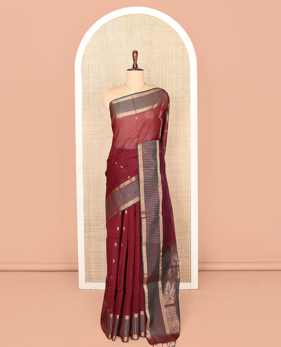 Maroon Silk Cotton Saree, Woven with Zari Buttas, Complemented by a Contrast Checked Border, Intricately Designed Pallu, and a Contrast Blouse