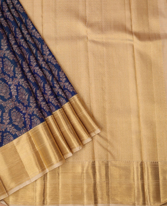 Blue jacquard silk saree, contrast border of thilakam mokku,muthu,kathir & kuyil kann design & jaal pallu
