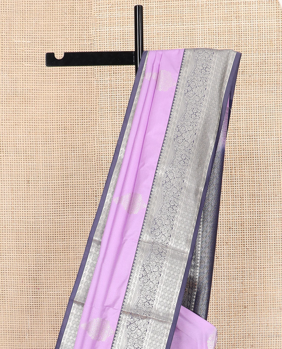 Lavender zari buttas soft silk saree, contrast traditional zari design border, and jaal pallu