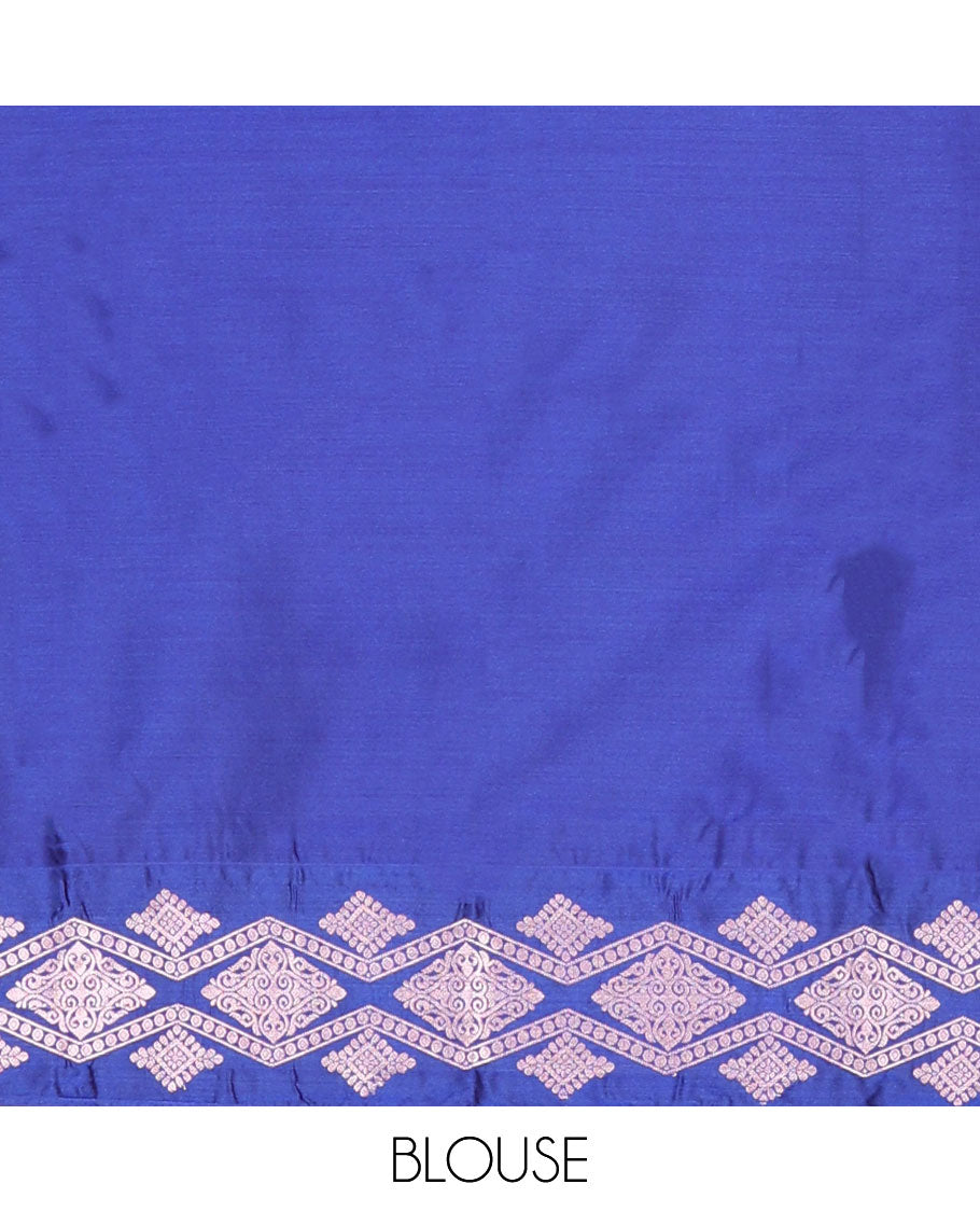 Maroon semi-soft silk saree with zari floral buttas, contrast diamond design zari border & chevron striped pallu