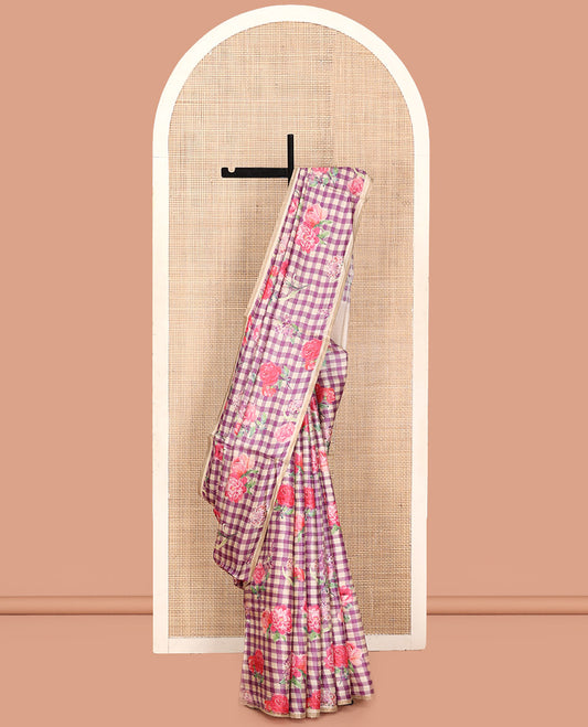 Sandal and Purple Tussar Silk Saree, Mesmerized with Burberry-Style Checks and Floral Print on Its Body, a Subtle Border, Subtly Striped Pallu, and Paired with a Matching Blouse