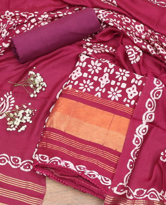 Magenta Material Chudidar Set, Adorned with Batik Printed Chanderi Cotton Top, a Plain Cotton Bottom, and Paired with Batik Printed Chanderi Cotton Dupatta