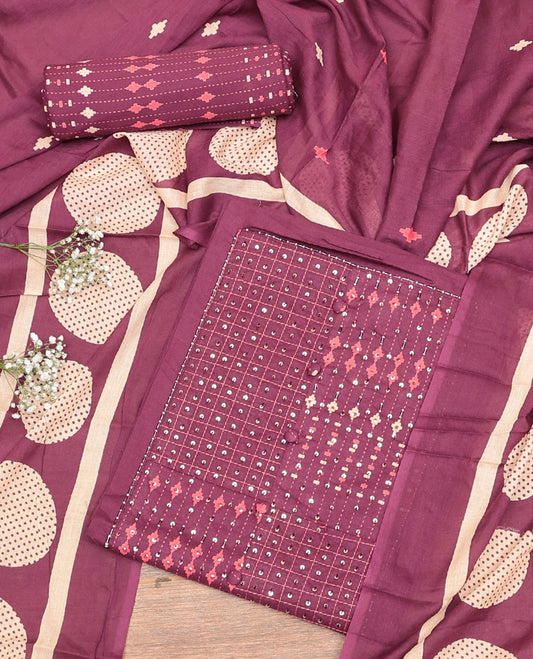 Wine Cotton Material Churidar Set, Decorated with Sequins Work and Embroidered Top, Printed Bottom, and a Geometric Printed Dupatta