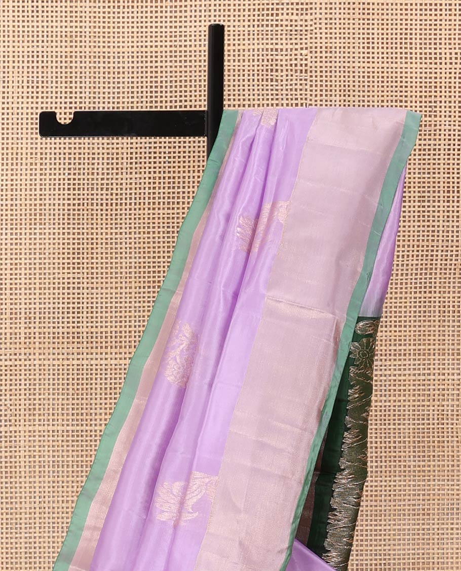 Lavender floral zari buttas Uppada saree, contrast bavanji border, and ogee patterned pallu