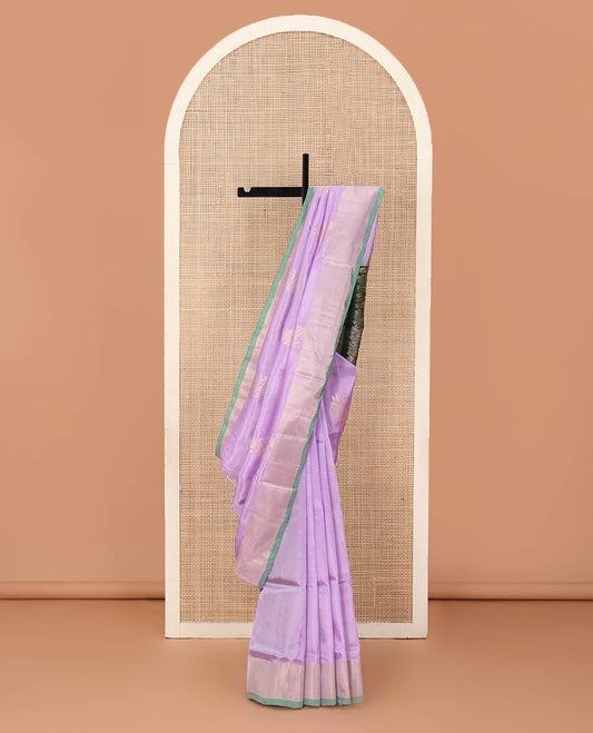 Lavender floral zari buttas Uppada saree, contrast bavanji border, and ogee patterned pallu