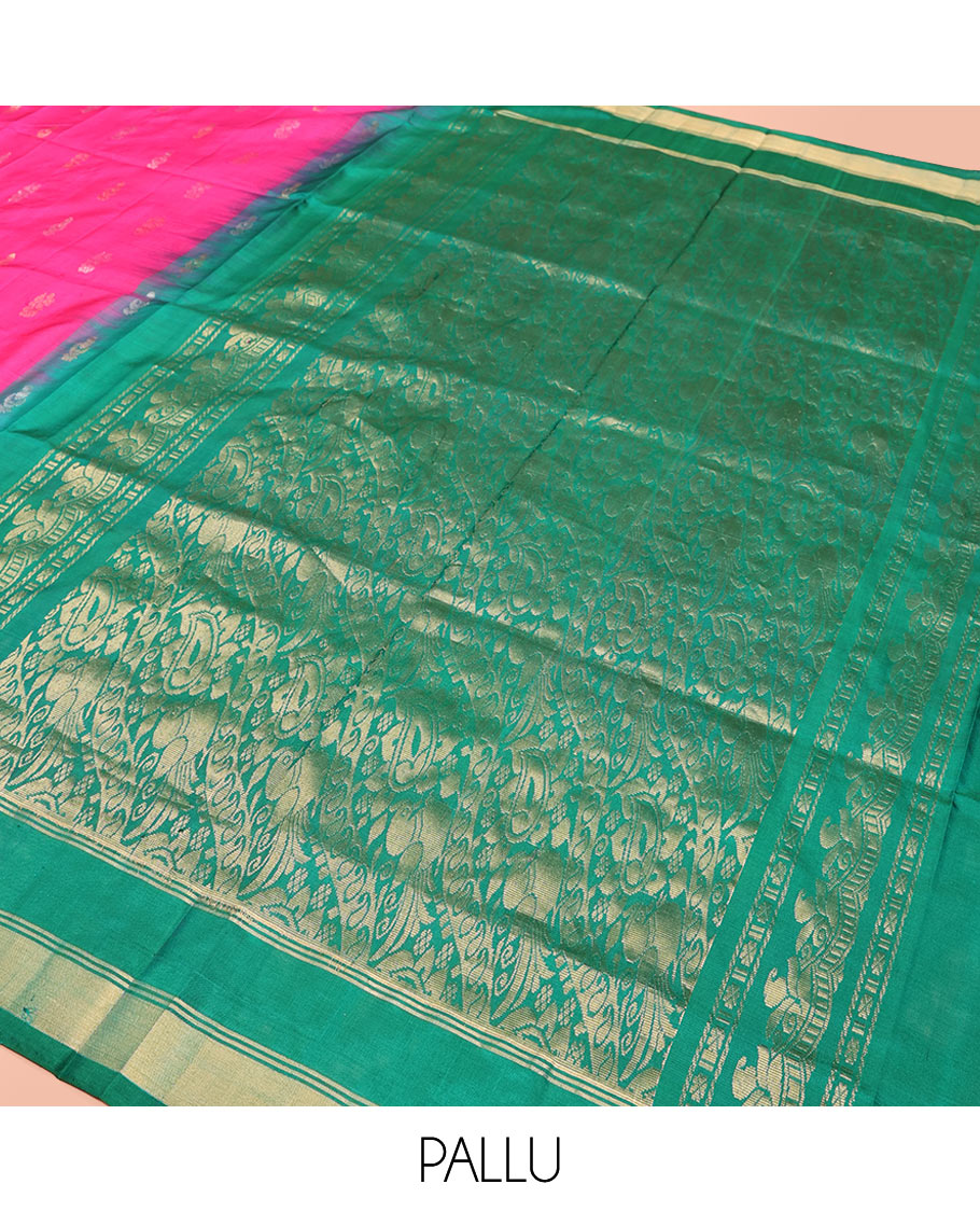 Rani Pink Uppada Silk Saree Elegantly Highlighted with Zari Buttas, Subtle Zari Border, Complemented by a Pallu of Peacock and Paisley Designs, and Paired with a Contrast Blouse