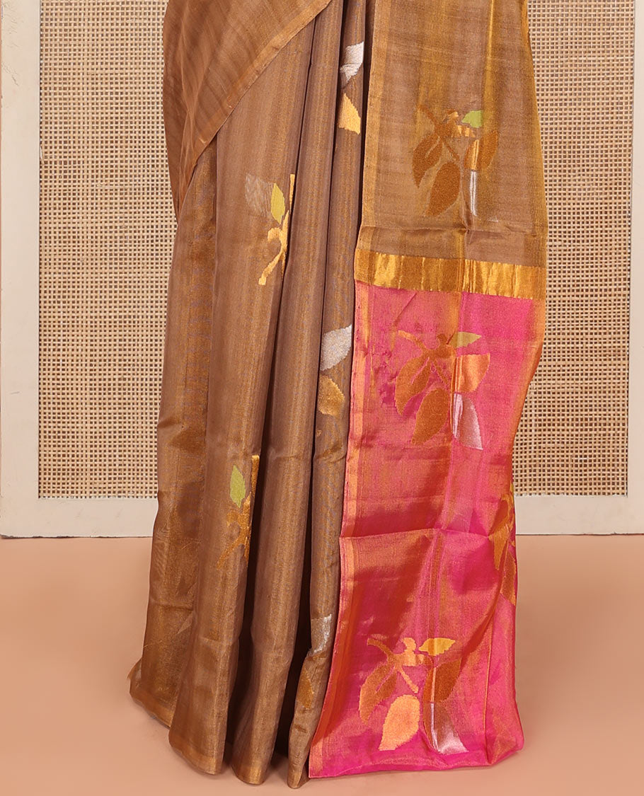 Borderless Brown Uppada Silk Saree Artfully Detailed with Leaf Zari Buttas, Complemented by Contrast Pallu Steeped with Leaf Zari Designs, and Paired with a Contrast Blouse