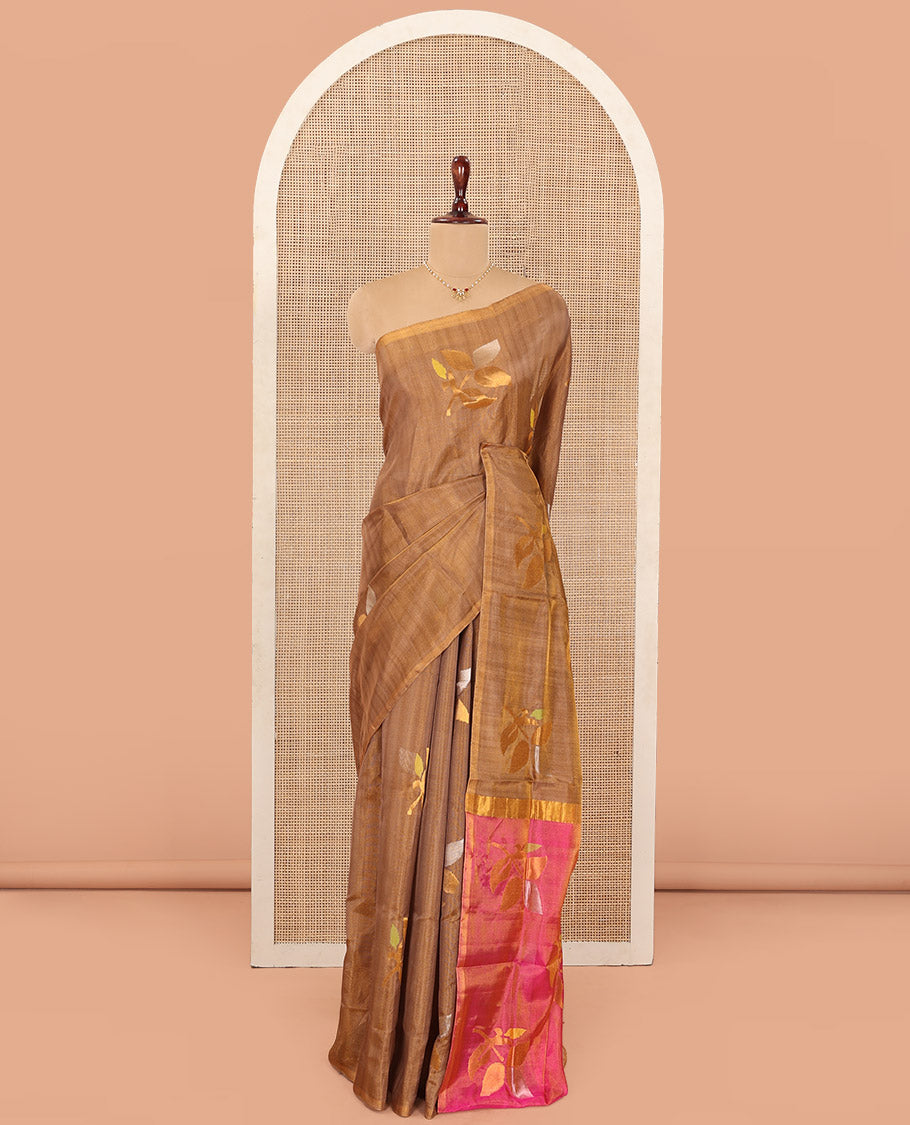 Borderless Brown Uppada Silk Saree Artfully Detailed with Leaf Zari Buttas, Complemented by Contrast Pallu Steeped with Leaf Zari Designs, and Paired with a Contrast Blouse