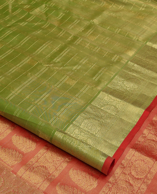 Parrot green buttas enclosed checked Venkatagiri silk saree, floral creeper zari border, and contrast floral creeper, and paisley pallu