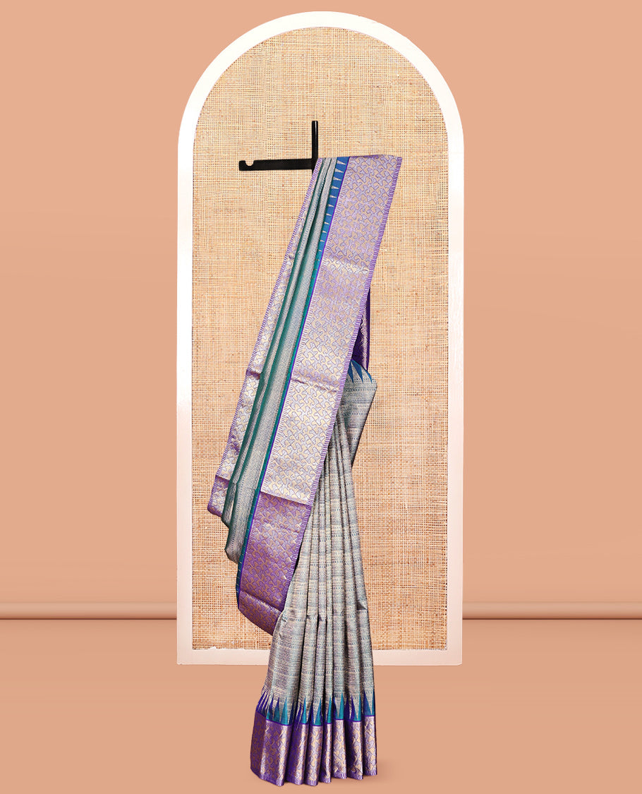 Blue Jacquard Venkatagiri Silk Saree, a Contrast Geometric Zari Border, Jaal Pallu, a Contrast Blouse