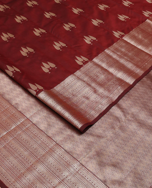 Maroon pine-tree zari buttas Vasundhara elite silk saree, traditional zari design border & pallu of vanki design