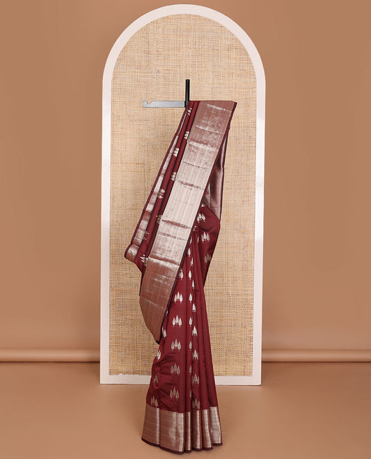 Maroon pine-tree zari buttas Vasundhara elite silk saree, traditional zari design border & pallu of vanki design