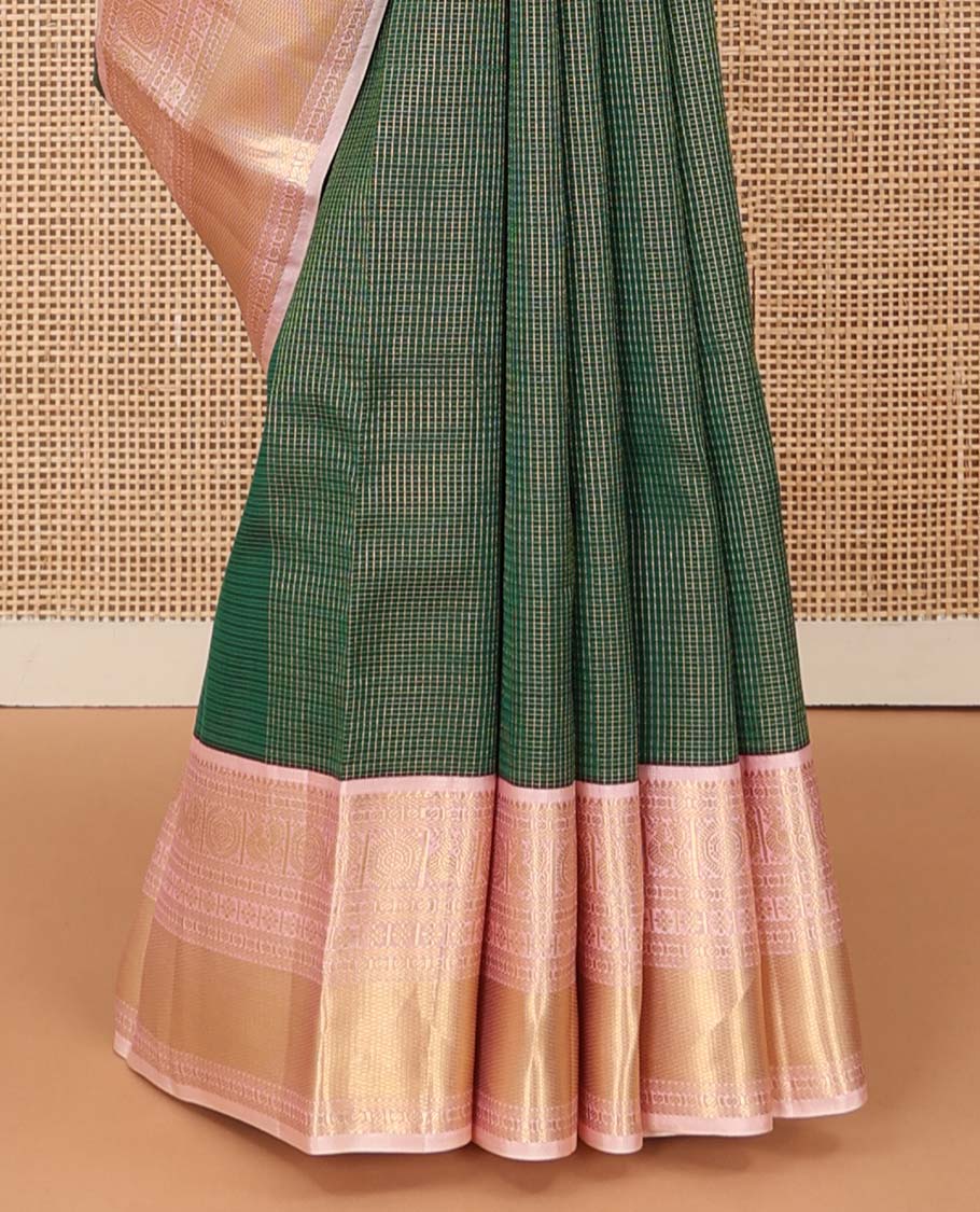 Green kasa kasa kattam Vasundhara silk mix saree, contrast border of rekku, paisa, annam chakram, muthu, rekku, kamalam, and kuyil kann designs, and jaal pallu