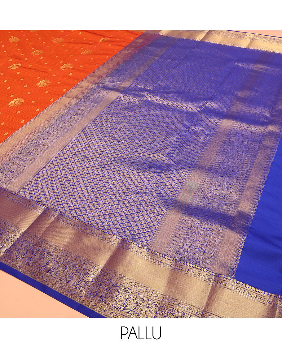 Orange Vasundhara Lite Silk Mix Saree Highlighted with Zari Buttas, Contrasting Zari-Woven Border with Traditional Designs, a Luxuriously Woven Pallu of Jaal Design, Along with a Contrast Blouse