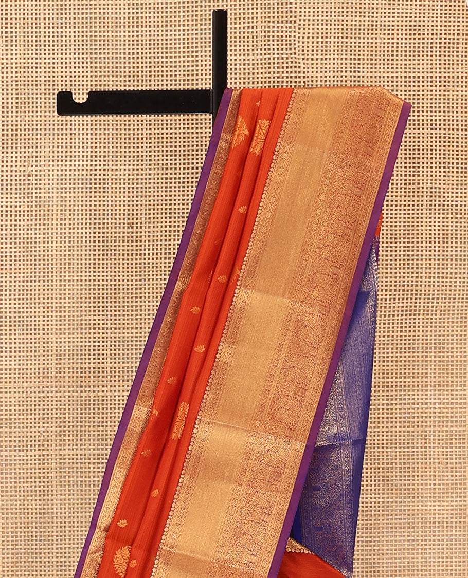 Orange Vasundhara Lite Silk Mix Saree Highlighted with Zari Buttas, Contrasting Zari-Woven Border with Traditional Designs, a Luxuriously Woven Pallu of Jaal Design, Along with a Contrast Blouse