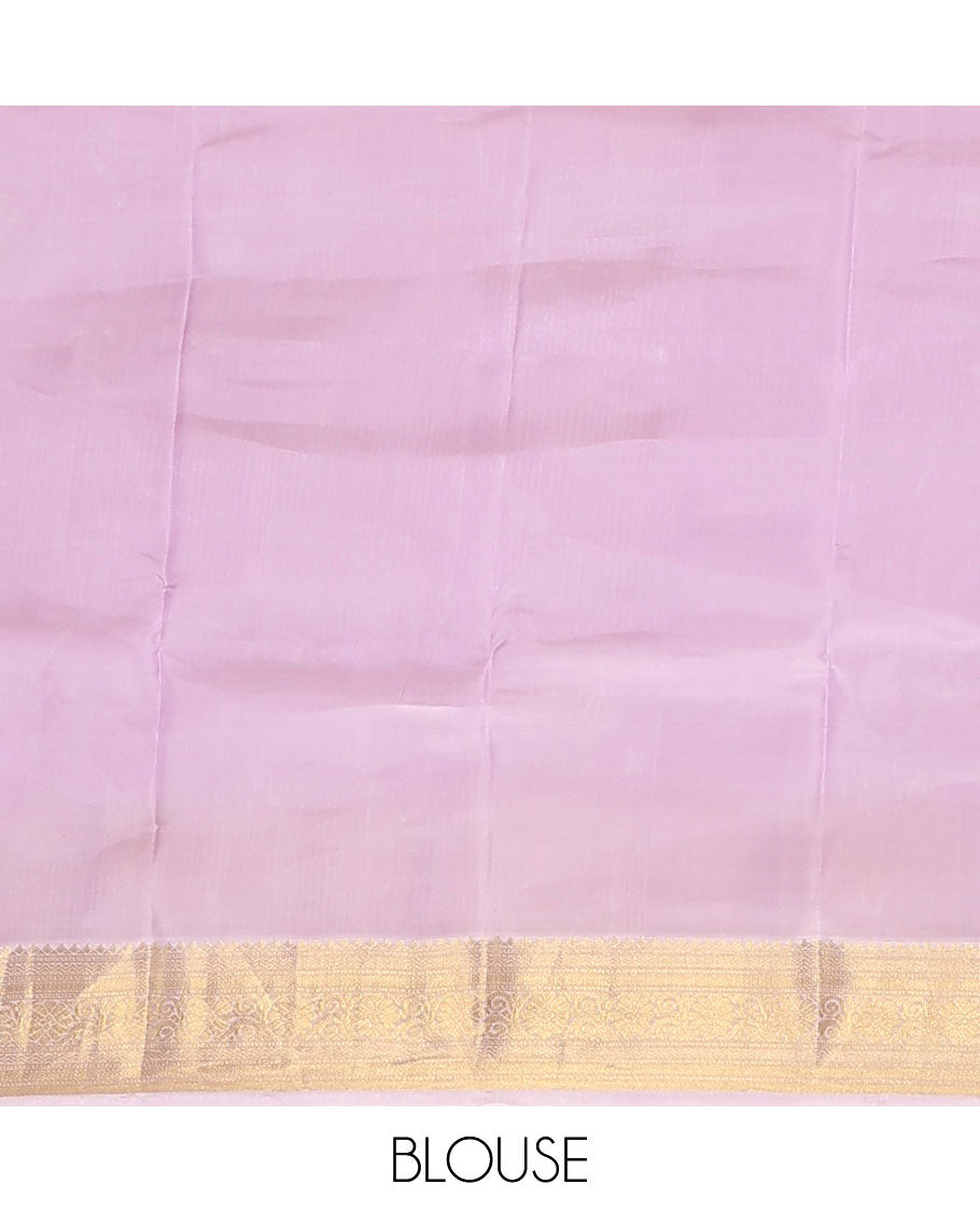 Yellow Vasundhara Lite Silk Mix Saree Subtly Sparked with Zari Buttas, Complemented with a Contrast Border of Rekku, Muthu, Neli, Diamond, Kathir, Mayil Kann, and Kodi Visiry Designs, Elevated with Zari Vanki Pallu, and a Contrast Blouse