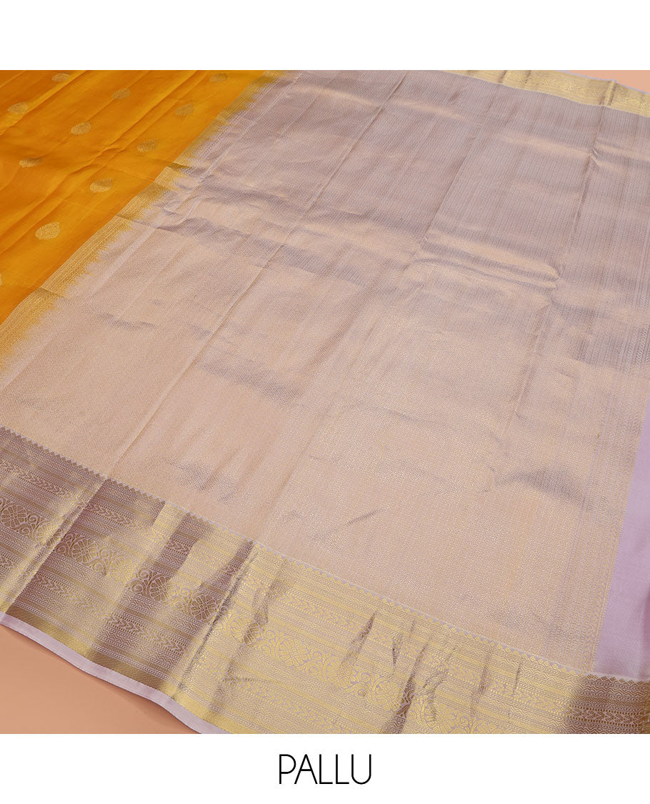 Yellow Vasundhara Lite Silk Mix Saree Subtly Sparked with Zari Buttas, Complemented with a Contrast Border of Rekku, Muthu, Neli, Diamond, Kathir, Mayil Kann, and Kodi Visiry Designs, Elevated with Zari Vanki Pallu, and a Contrast Blouse