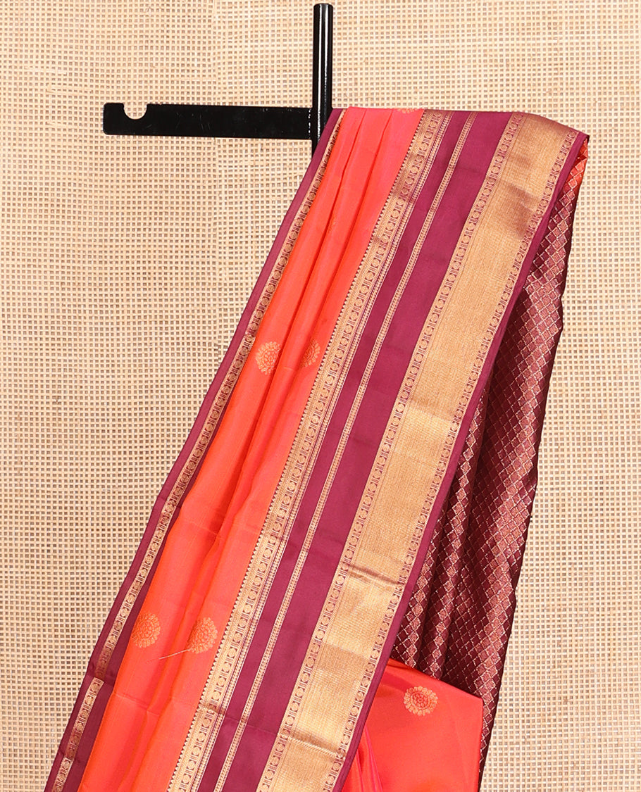 Orange Vasundhara Lite Silk Mix Saree, Delicately Woven with Chakram Buttas, a Contrast Border of Rekku, Banaras, Poun, and Manga Designs, Jaal Pallu, and a Contrast Blouse