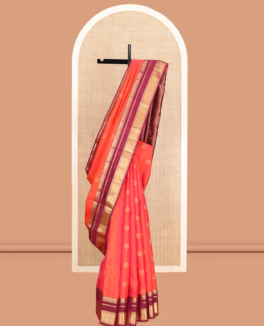 Orange Vasundhara Lite Silk Mix Saree, Delicately Woven with Chakram Buttas, a Contrast Border of Rekku, Banaras, Poun, and Manga Designs, Jaal Pallu, and a Contrast Blouse
