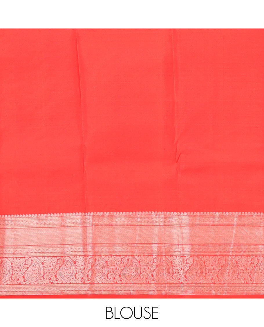 Red zari buttas silksaree, zari border of manga mokku,muthu,puli nagam, floral & manga design & zari elevated pallu of leaf motifs