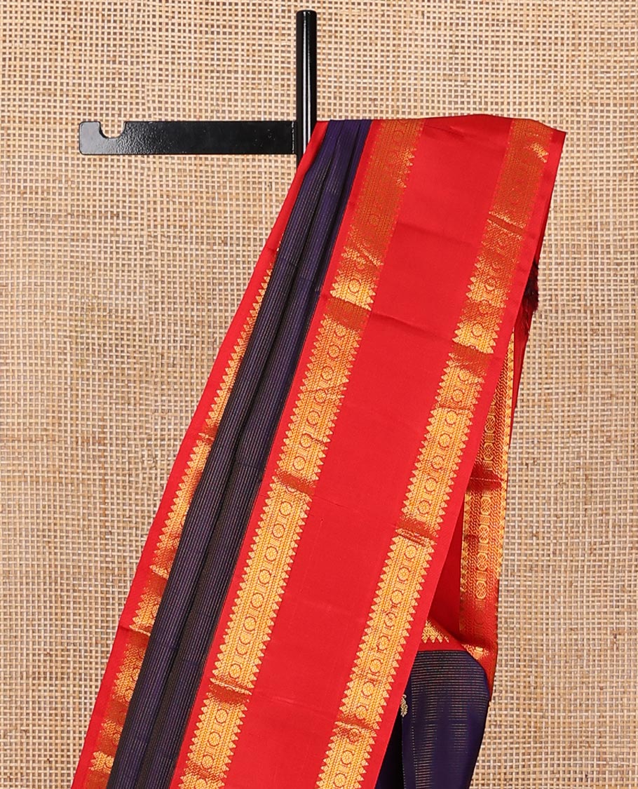 Blue zari striped & buttas silksaree, contrast rettai pettu border of thilakam,banaras,muthu & chakram design & jaal pallu