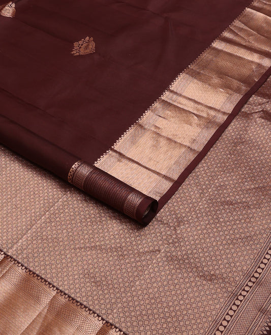 Dark brown zari buttas silksaree, zari border of muthu, mayil kann & kathir designs  & jaal pallu