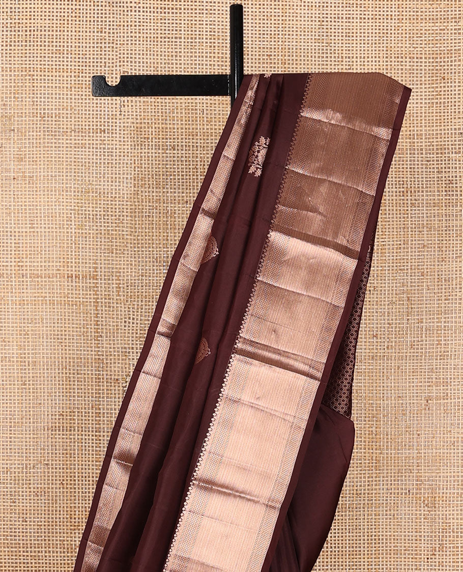 Dark brown zari buttas silksaree, zari border of muthu, mayil kann & kathir designs  & jaal pallu