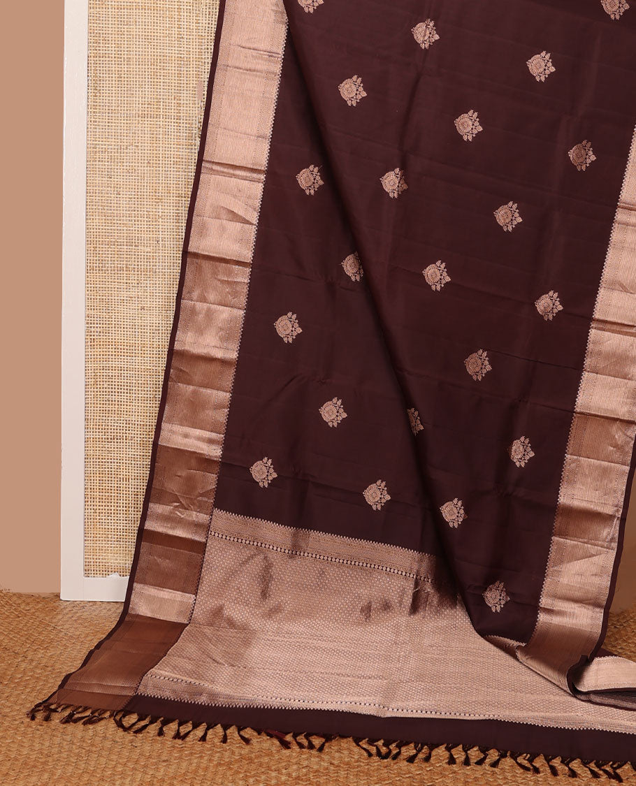 Dark brown zari buttas silksaree, zari border of muthu, mayil kann & kathir designs  & jaal pallu