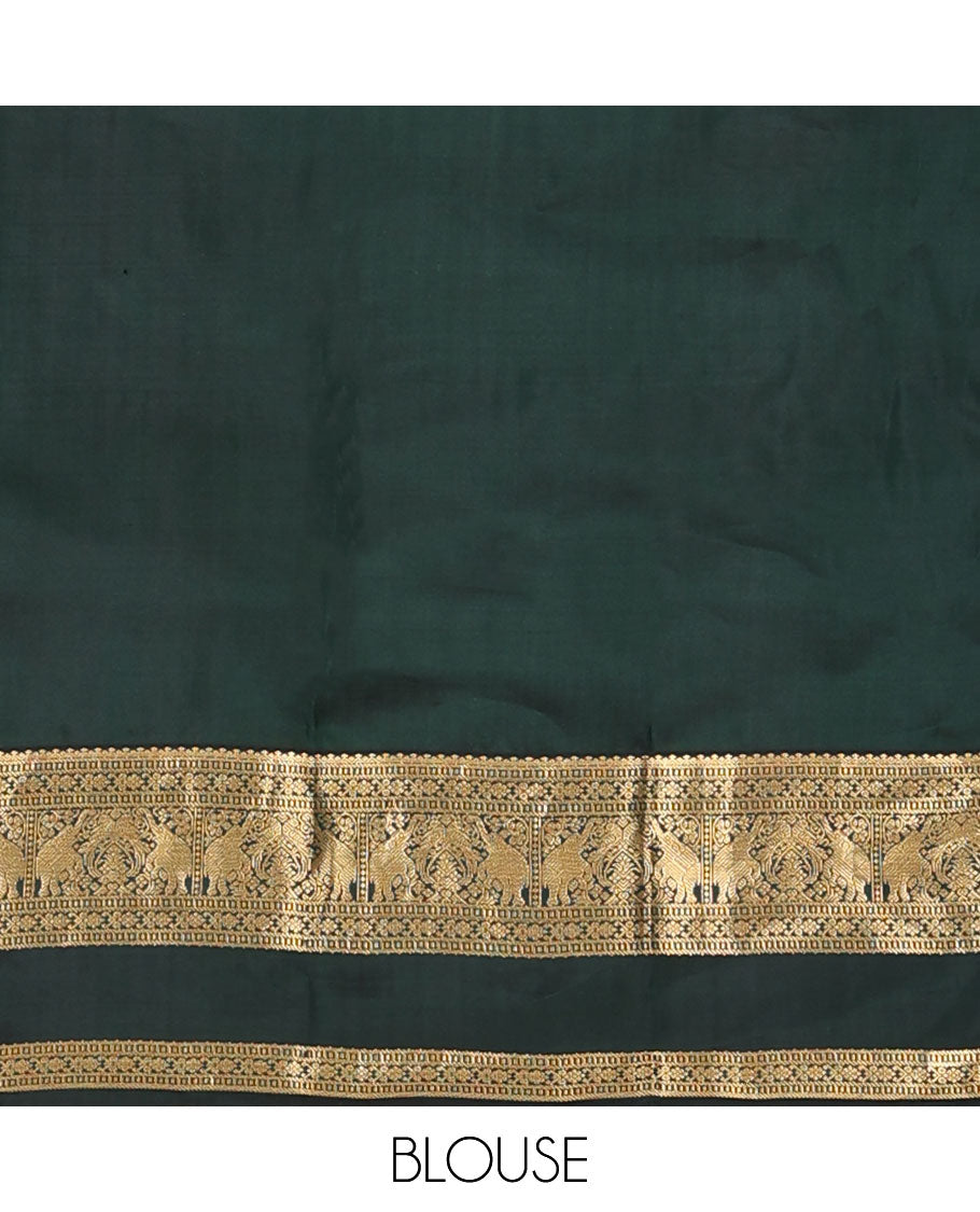 Yellow zari buttas silk saree, contrast rettai pettu border of salngai,banaras,muthu,kili & yaanai designs & jaal pallu