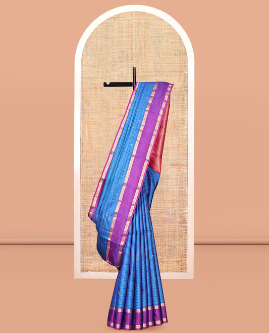 Blue Vasundhara Silk Saree, Featuring Zari Buttas and Checks, a Contrast Rettai Pettu Zari Border, Jaal Pallu, and Contrast Blouse