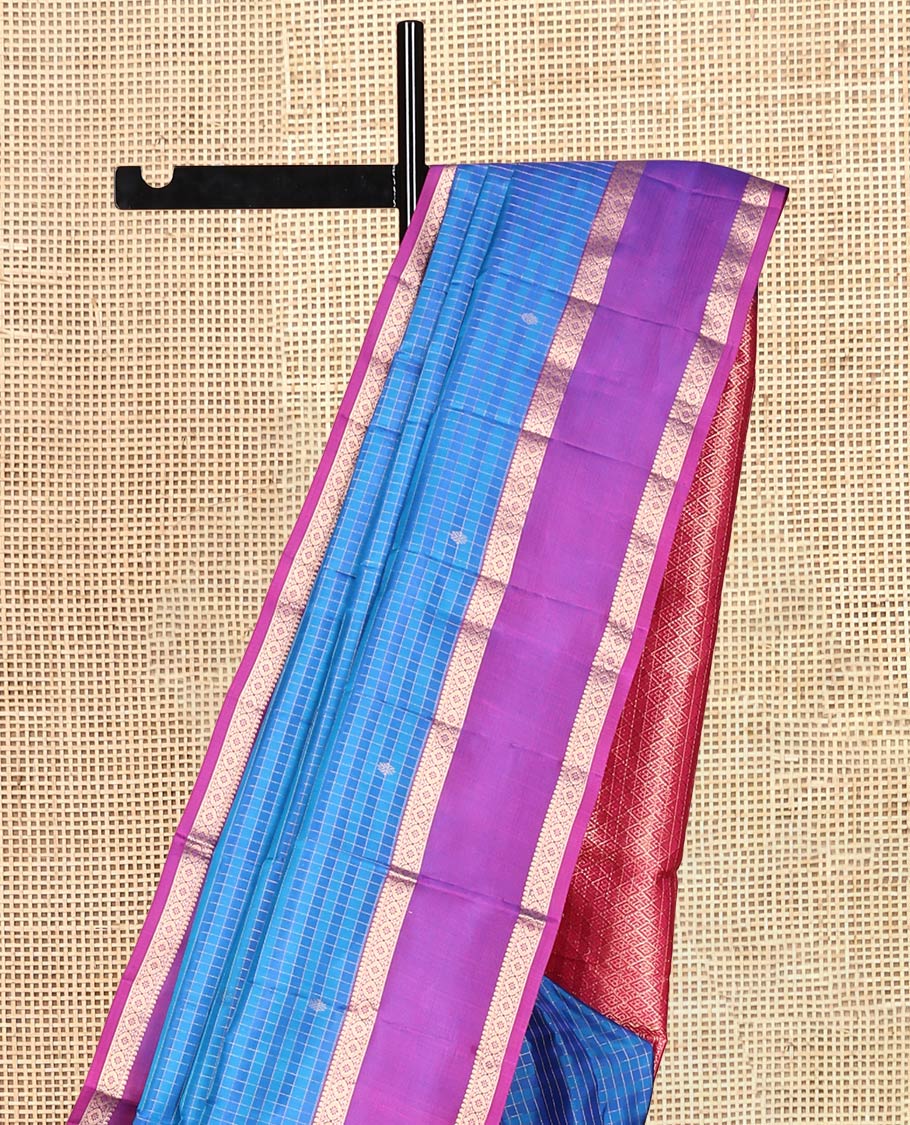 Blue Vasundhara Silk Saree, Featuring Zari Buttas and Checks, a Contrast Rettai Pettu Zari Border, Jaal Pallu, and Contrast Blouse