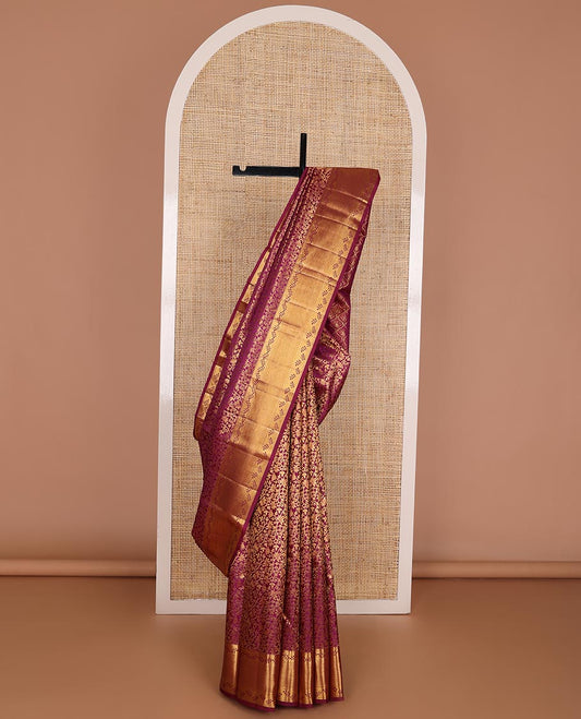 Purple jacquard wedding silk saree, zari border of muthu, leaf vine & jaal design & ogee patterned pallu