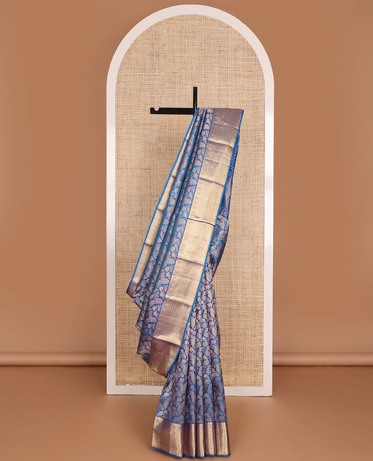 Blue jacquard wedding silk saree, zari border of rekku,Muthu,kazhugu & jaal design & pallu of animal motifs in zari