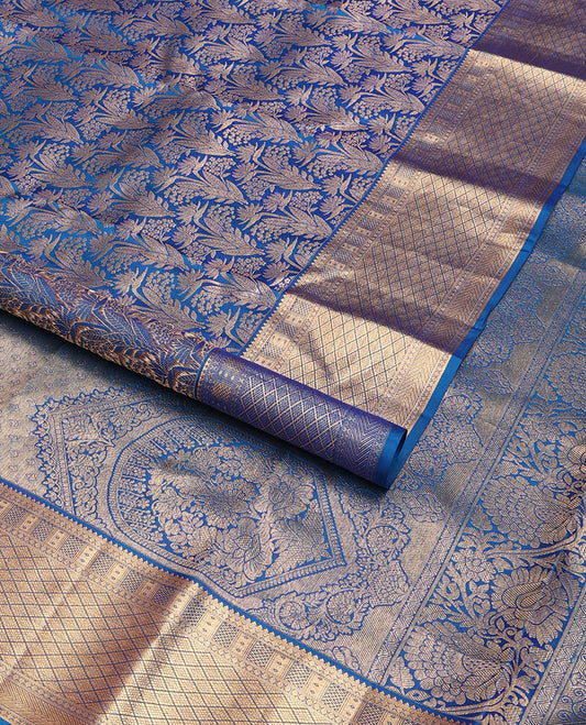 Blue jacquard wedding silk saree, zari border of rekku,Muthu,kazhugu & jaal design & pallu of animal motifs in zari